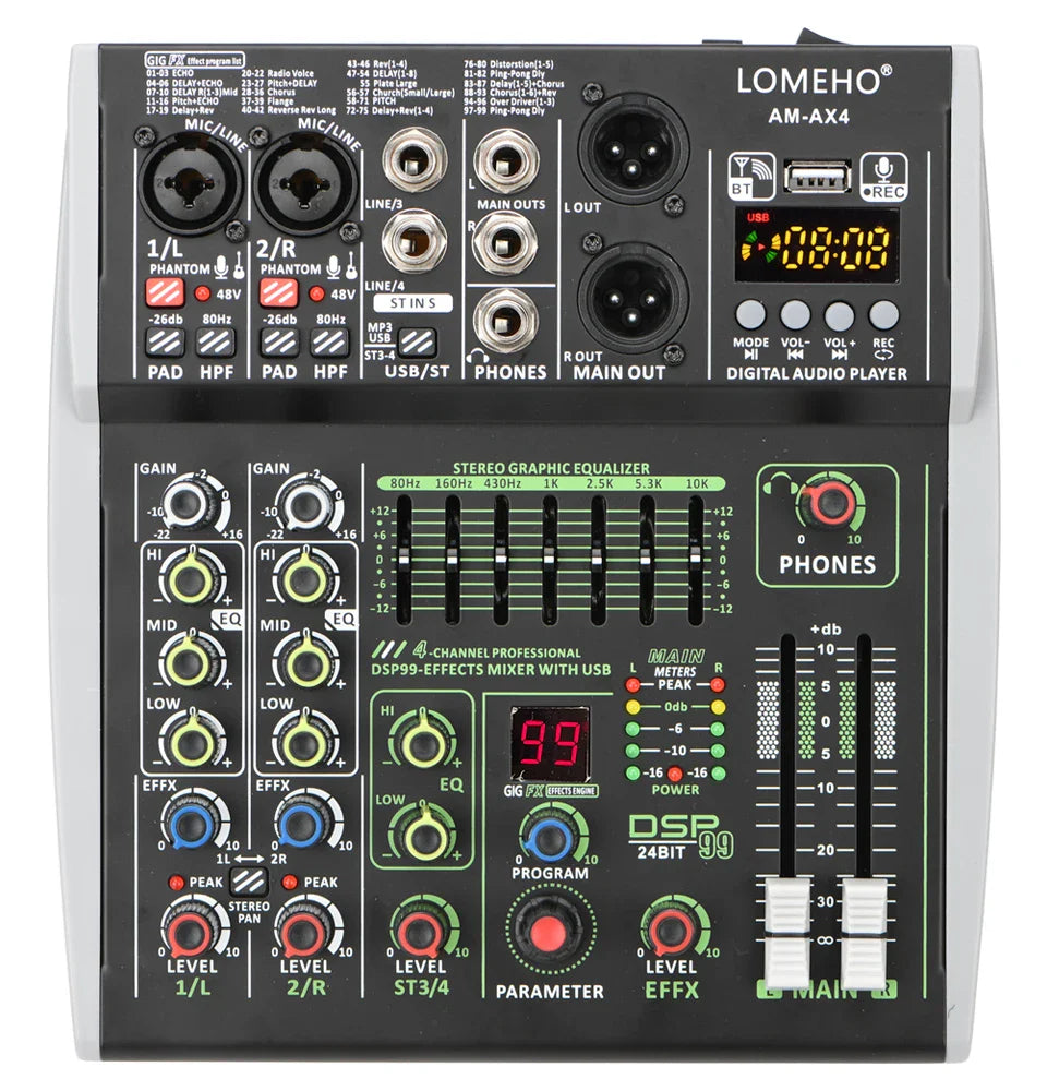 99 DSP Effects Mixing Console Podcast Mini 4/6 Channels Sound Audio Mixer Individual 48V Bluetooth USB PC Play Record AM-AX4/6