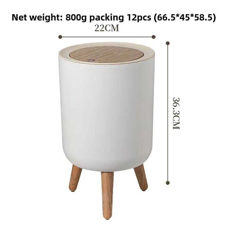 Imitation wood grain high foot garbage bin, press type with lid, household high-end feeling, light luxury garbage bin
