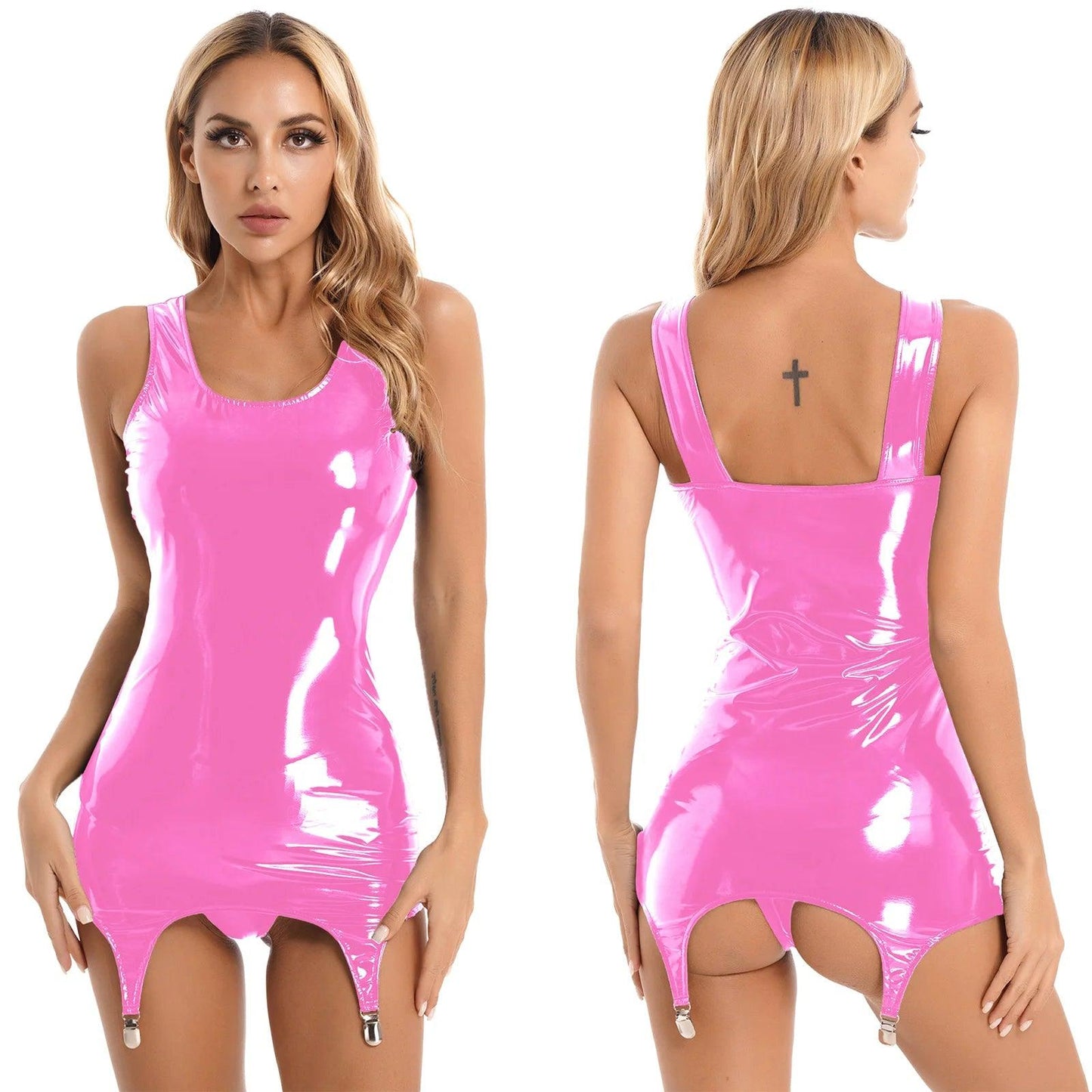 Womens Sleeveless Latex Tank Wet Look Rave Clubwear Dresses Patent Leather Costume Bodycon Mini Dresses with Metal Clips - Lizard Vigilante