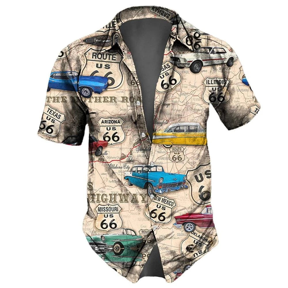 "U.S. Route 66 Retro Hawaiian Shirt" - 3D Fashion Short Sleeve Streetwear for Men - Premium hawaiian shirt from Lizard Vigilante - Just $26.66! Shop now at Lizard Vigilante