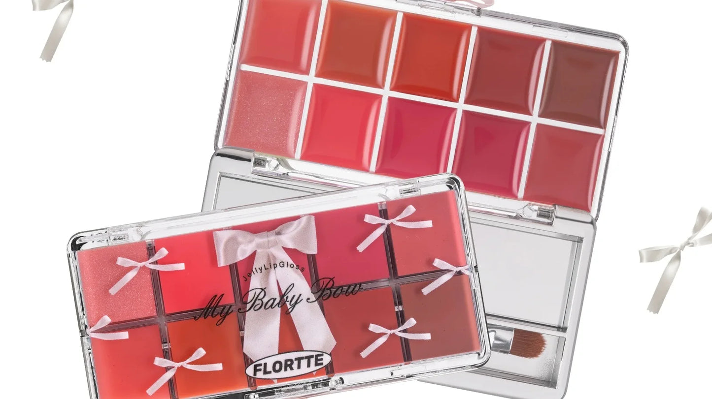FLORTTE 10-Color Lip Palette Lip Gloss and Lipstick Glossy Moisturizing Pigmented Multifunctional Easy to Apply
