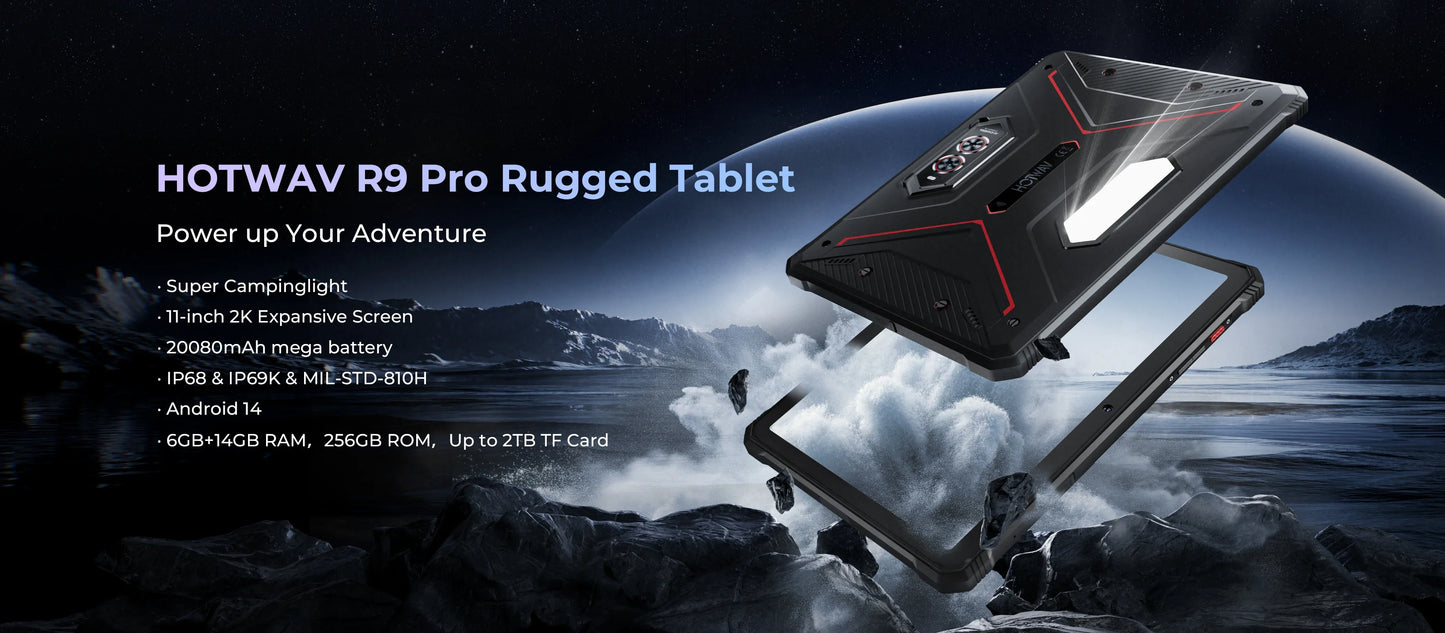 HOTWAV R9 Pro Rugged Tablet 11'' FHD+ 2K Display 20080mAh Massive Battery Pad Android 14 6GB 256GB Camera Global 4G Tablet PC