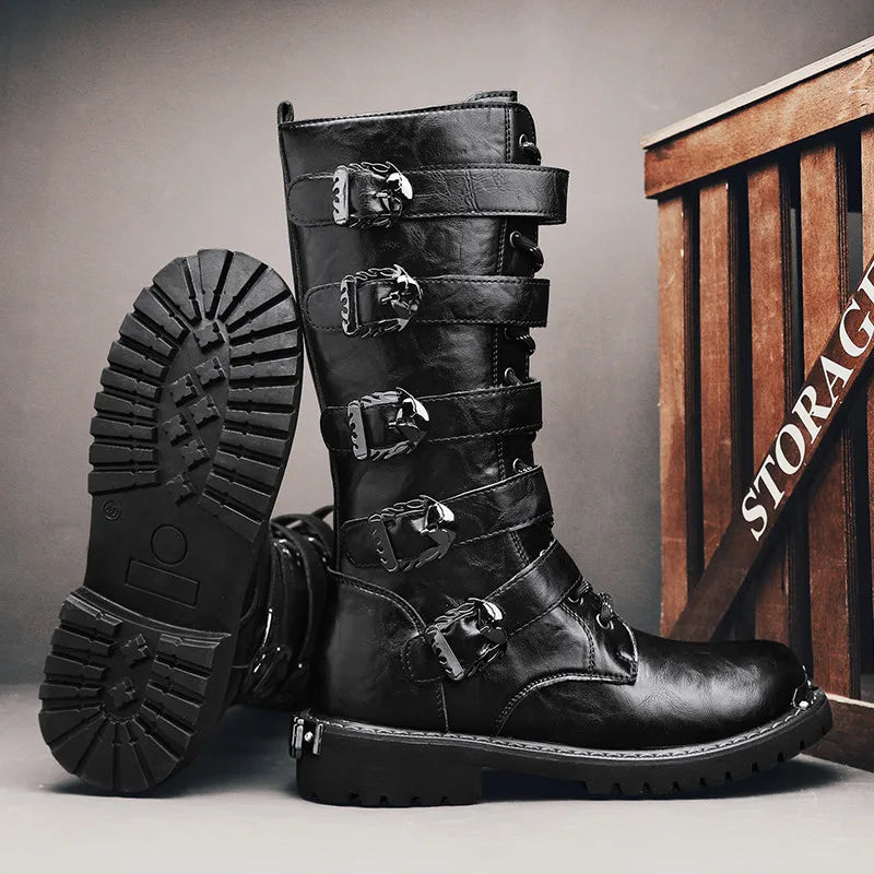 DEADFUEL BLACKOUT: Men’s Mid-Calf Leather Motorcycle Boots with Zip Buckle – Streetwear Punk Cowboy Tool Boots for Winter Chaos - Premium boots from dsers - Just $135.99! Shop now at Lizard Vigilante