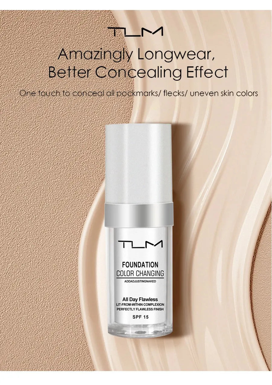 TLM TUM Liquid Foundation Cream Professional Full Coverage Face Concealer Waterproof Makeup Base Brighten Cover Dark Circles30ML