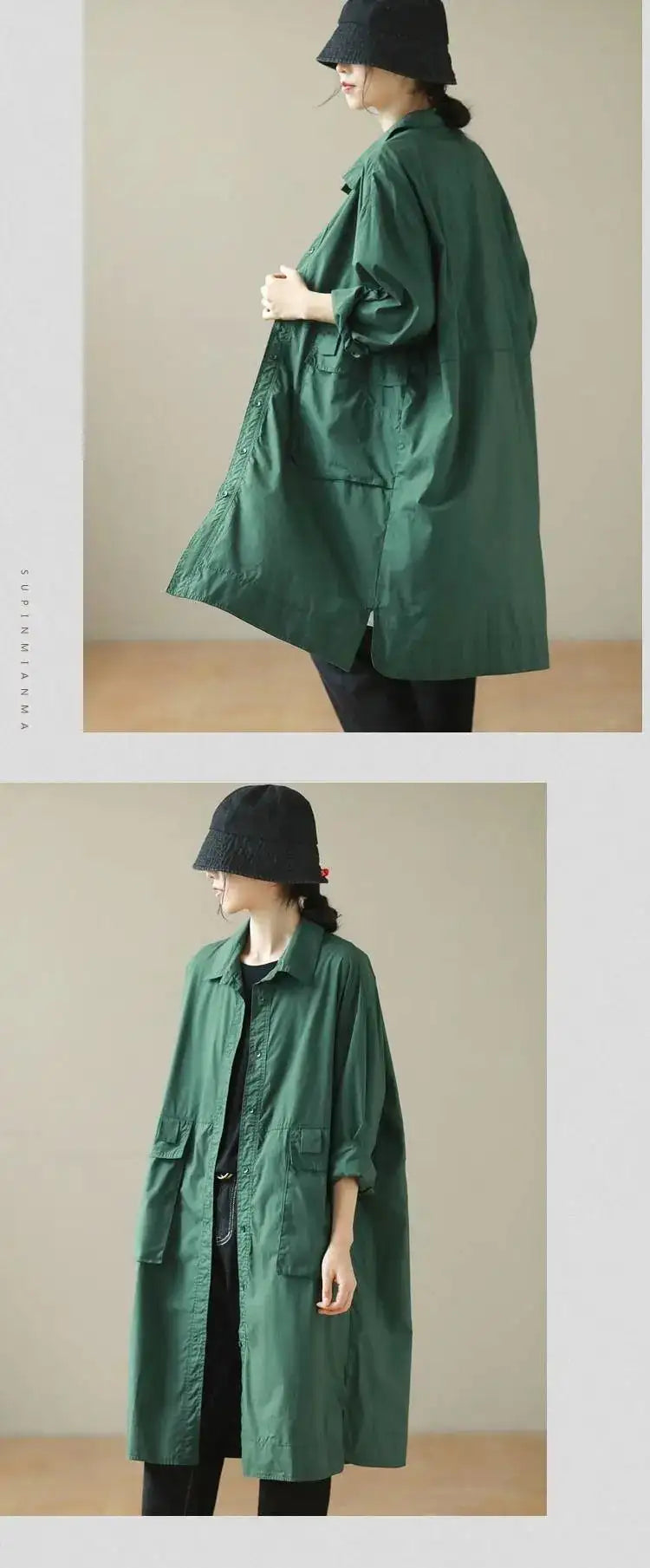 9290 Spring Fall Trench Coat Women Mid Length Windbreaker Single-breasted Double Pockets Casual Loose Overcoat Female Outerwear