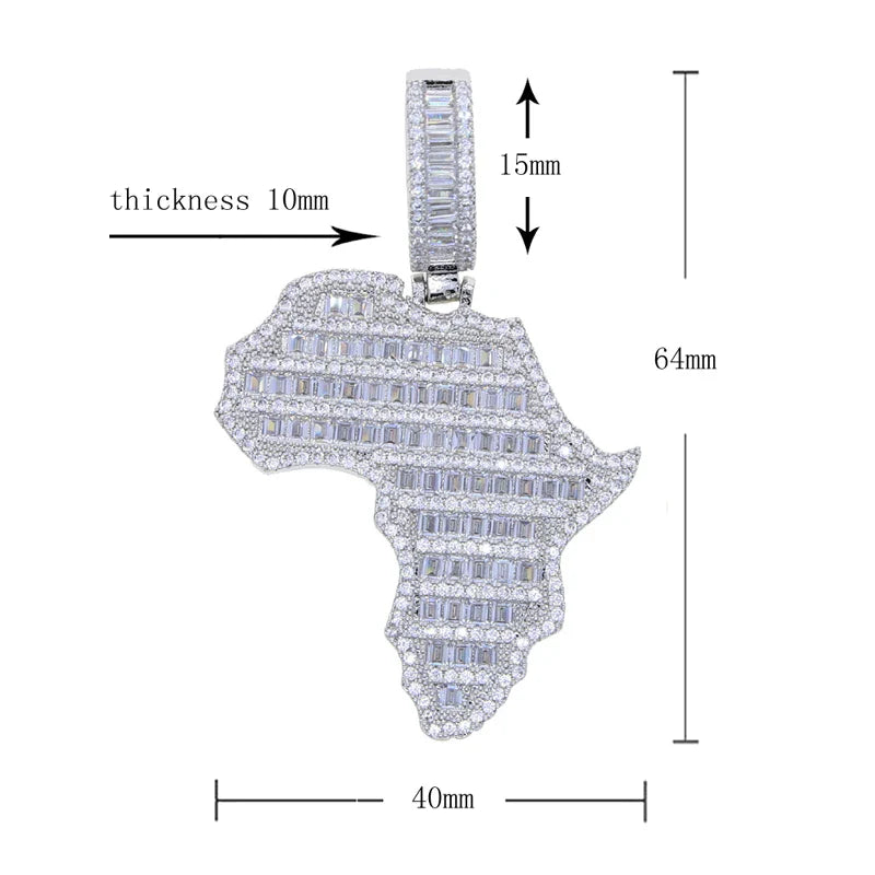 New Arrive Rectangle Cubic Zirconia CZ Paved Bling Africa Map Shaped Pendant Necklace Hip Hop Men Boy Cool Meaning Jewelry