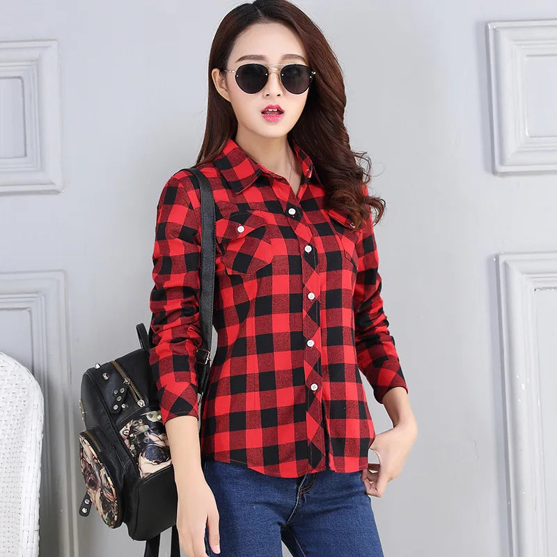 Women’s Cotton Flannel Plaid Shirt – College Style Long Sleeve Blouse with Pockets – Timeless Casual Elegance - Premium shirt from Lizard Vigilante - Just $38.88! Shop now at Lizard Vigilante