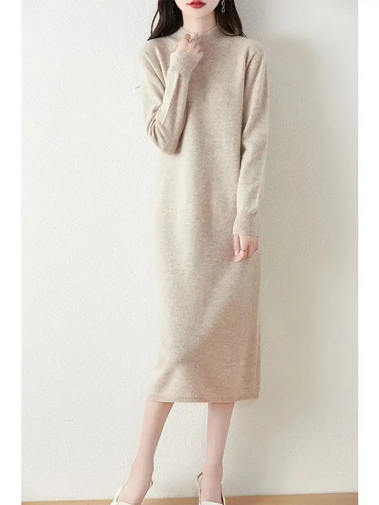 Autumn Winter Women's Wool Long Dress Cashmere Mock Neck Pullover Sweater 100% Merino Wool Soft Knitwear OL Simple Basic Dress