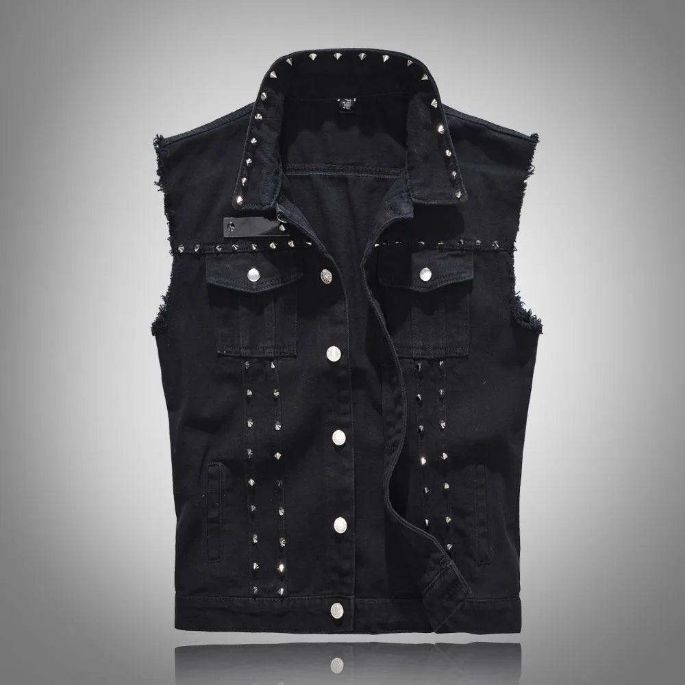 Men Rivet Denim Vest Punk Party Studded Slim Fit Jean Jacket Male Sleeveless Waistcoat for Men Plus Size 6XL - Lizard Vigilante