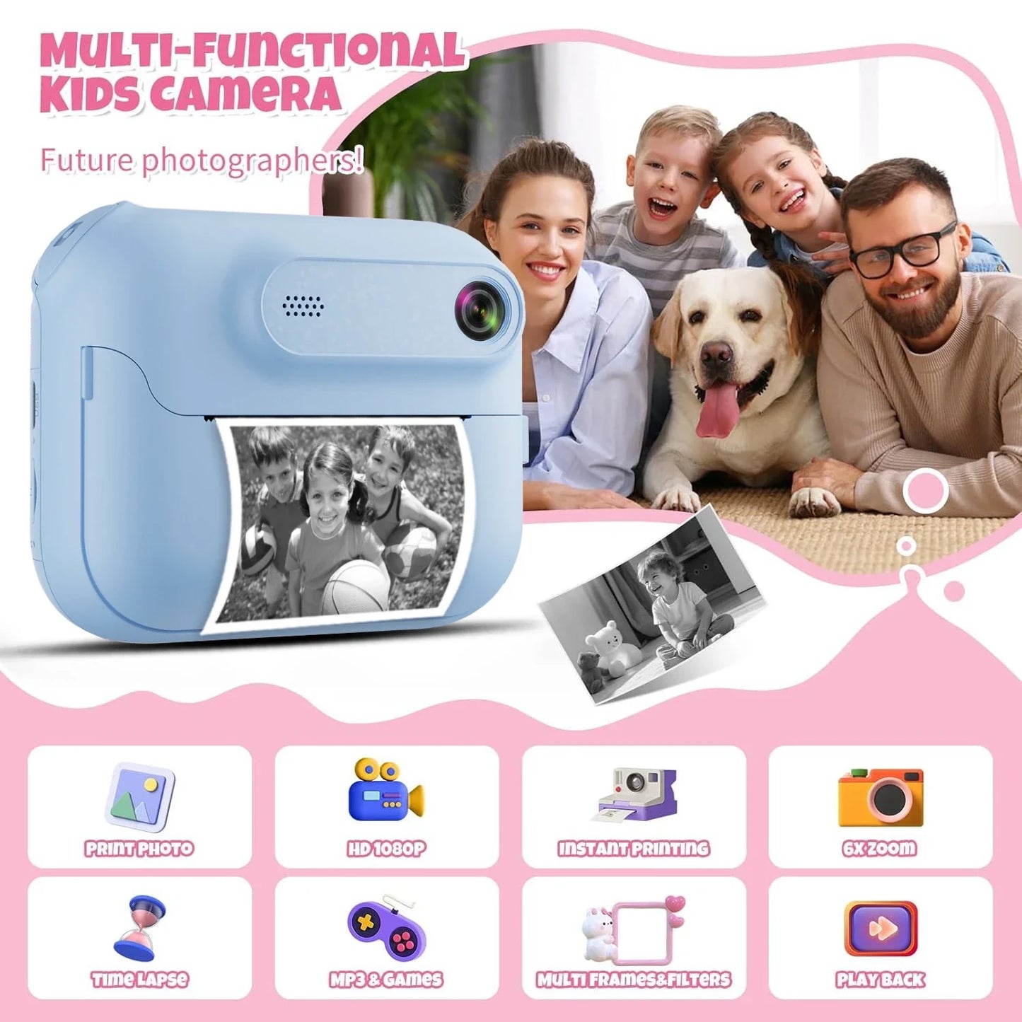S8 Instant Print Camera for Children 1300mAh Kids Camere Printer 1080P HD Digital Camera for Girls Boys Birthday Gifts