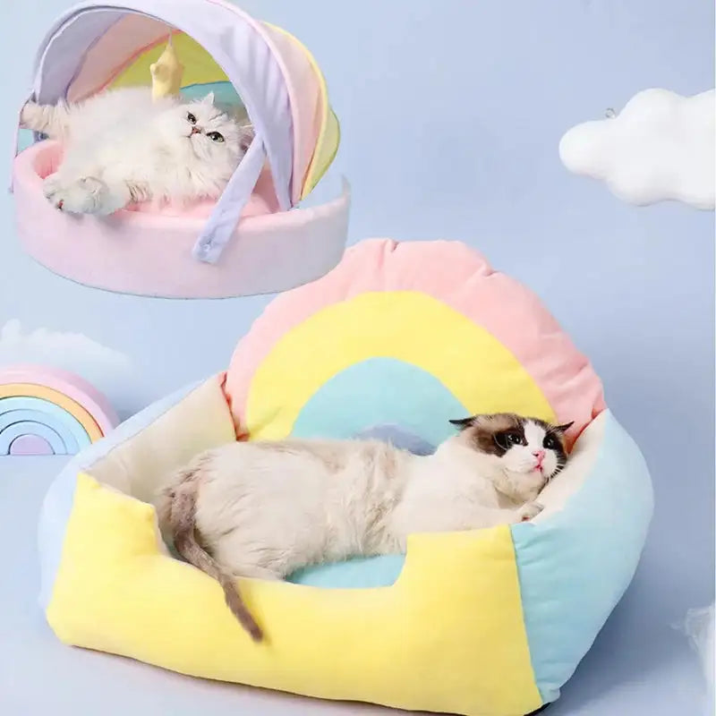 Cat House Bed Cute Cat Bed Rainbow Tent Pet Dog Sleeping Pad Winter Warm Deep Sleep Cat Nest Comfortable Breathable Cat House
