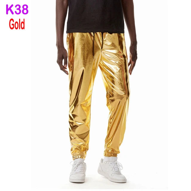 Mens Joggers Metallic Shiny Gold Fish Scales Sweatpants 70s Disco Dance Harem Pants Men Nightclub Stage Party Streetwear Trousers - Premium joggers from Lizard Vigilante - Just $34.99! Shop now at Lizard Vigilante