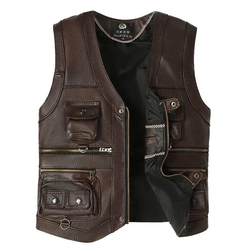 Cowhide Genuine Leather Vest Mens Slim Fit Real Leather Waistcoat Male Multi Pocket Zipper Vest D372 - Lizard Vigilante