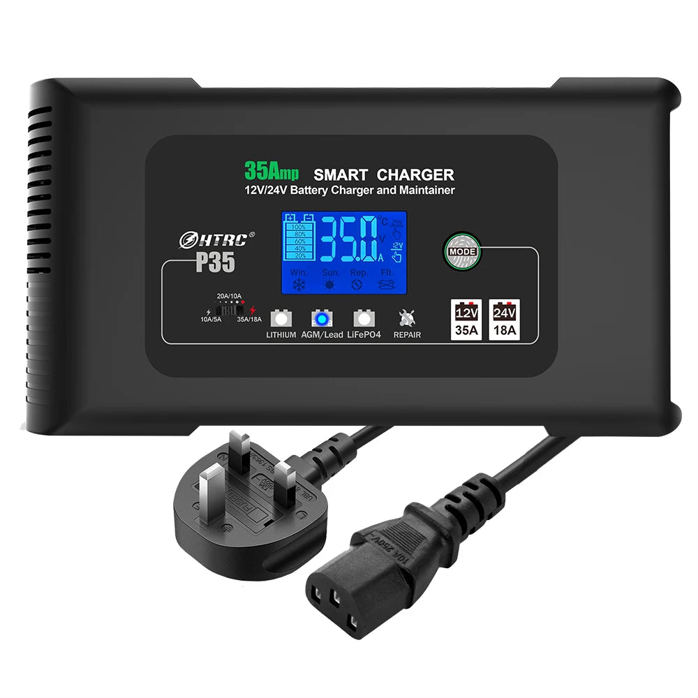 HTRC 35A 12V/24V Car Battery Charger – Smart LCD Display for Auto, Truck, and Motorcycle Batteries - Premium battery charger from Lizard Vigilante - Just $168.88! Shop now at Lizard Vigilante