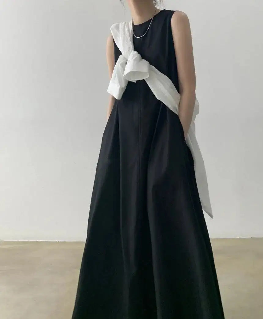 2022 Minimalist Chic Loose Swing Sleeveless Mid-length Casual Cotton Linen Long Dress  Round Neck High Waist Women Runway Dress