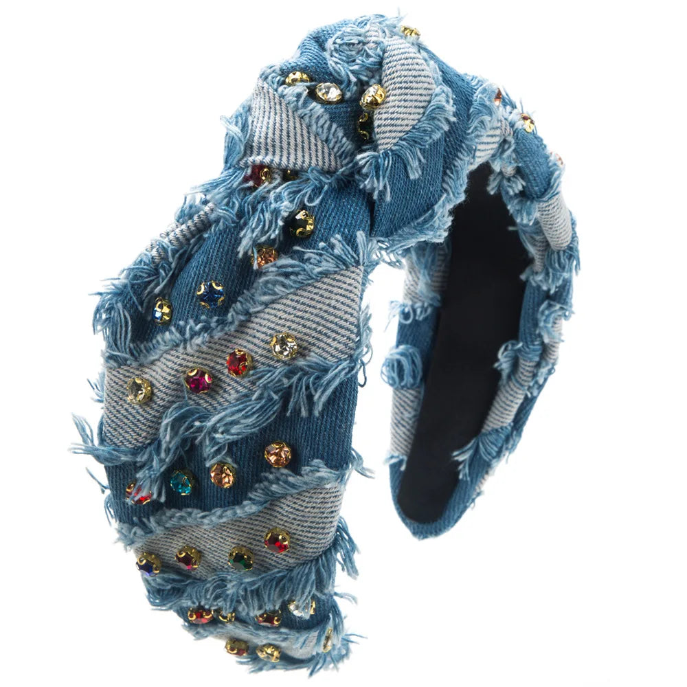 Western Cowgirl Pearl Rhinestone Knotted Boot Crystal Pearls Bejeweled Denim Cloth Headband - Premium Headband from Lizard Vigilante - Just $28.88! Shop now at Lizard Vigilante