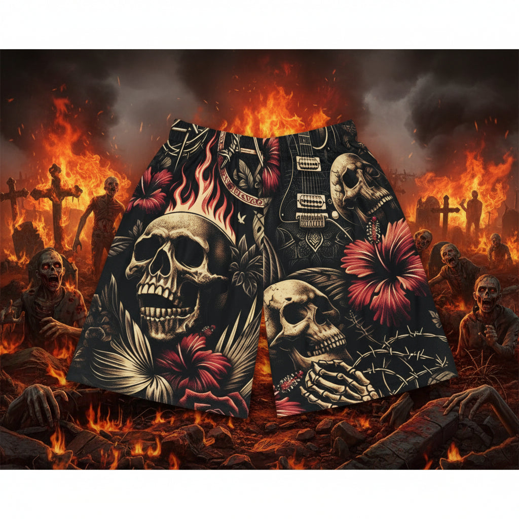 Shorts with skull and guitar design on a white background