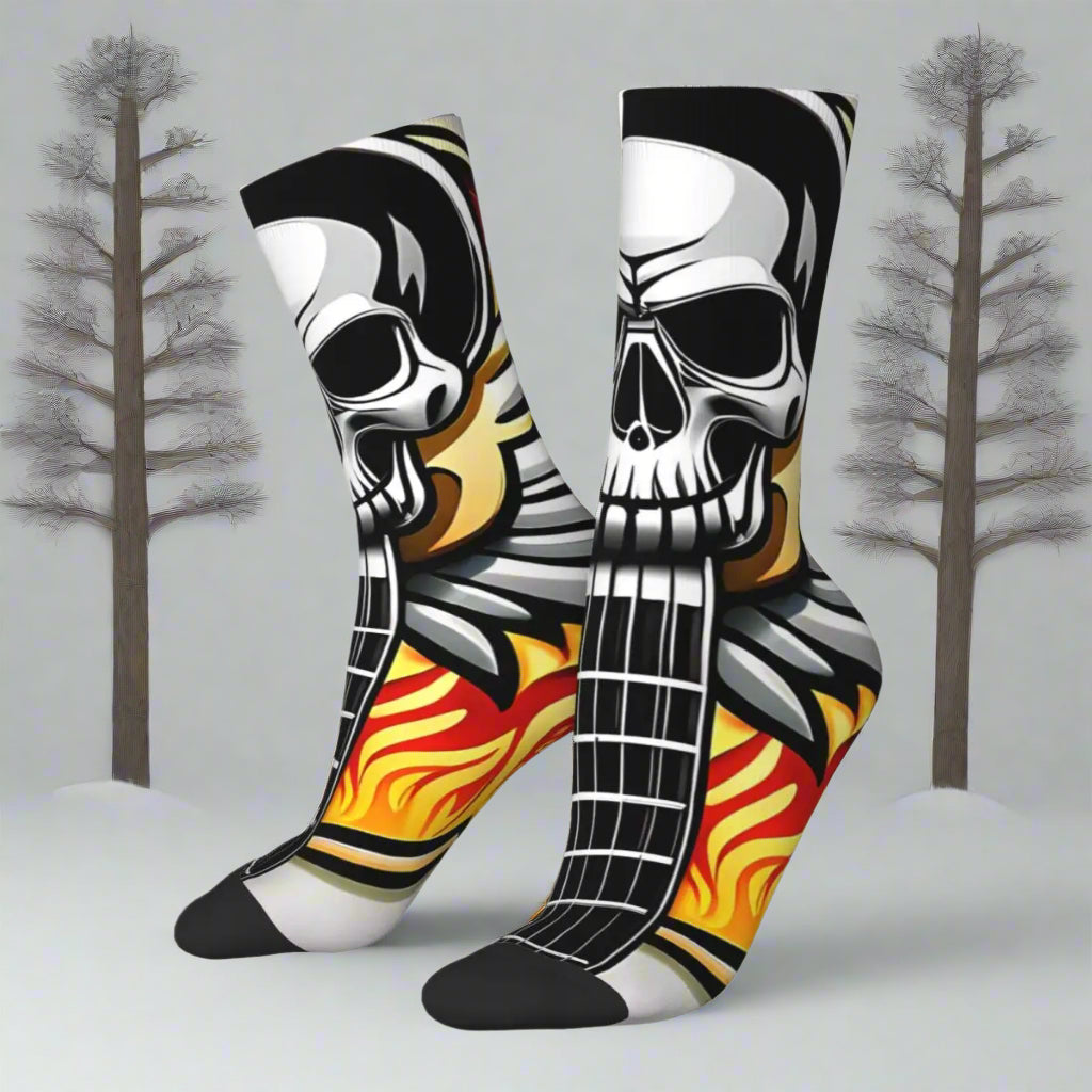 Skateboard with skull design and flames on a white background