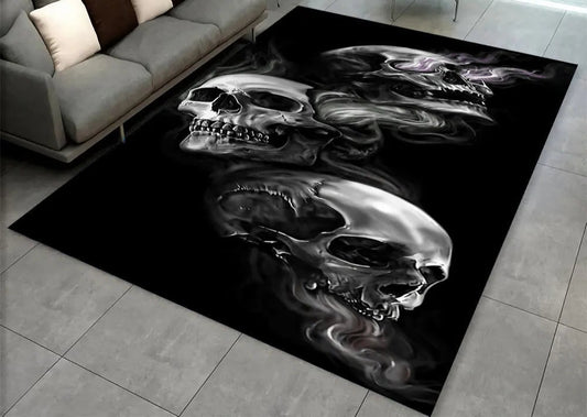 Skull design area rug in a living room setting with a gray sofa and yellow chair.