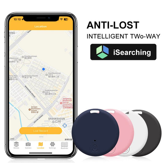 Smart tracking device with app on phone screen and four color options displayed.