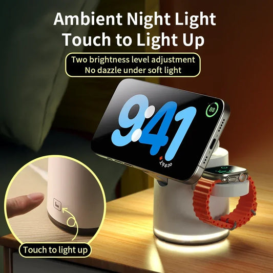 Smartphone and smartwatch on a stand with ambient night light feature, showing time and touch activation.