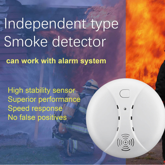 Smoke detector with text highlighting its features against a background of fire and rescue.