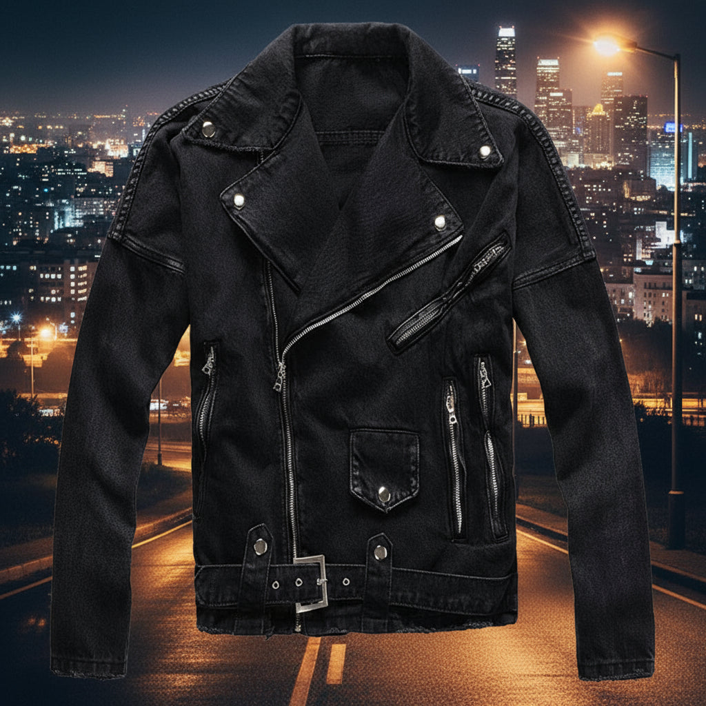 Sokotoo Men's Black Biker Denim Jacket – Streetwear Slim Fit Coat with Belt and Zipper Accents - Premium jacket from Lizard Vigilante - Just $131.99! Shop now at Lizard Vigilante