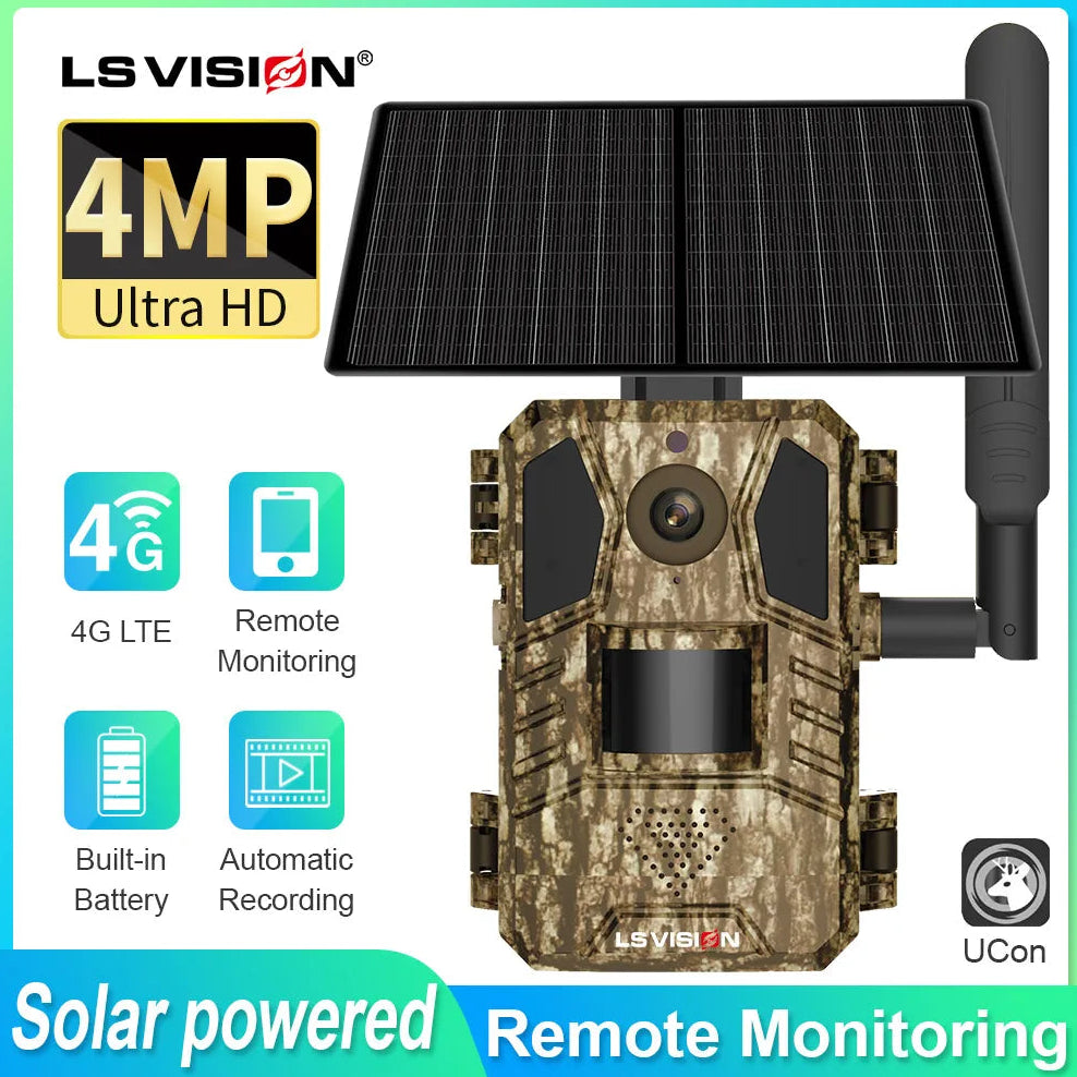 Solar-powered remote monitoring camera with LS Vision branding on a white background