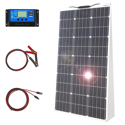 Solar panel kit with controller, cables, and connectors on a white background