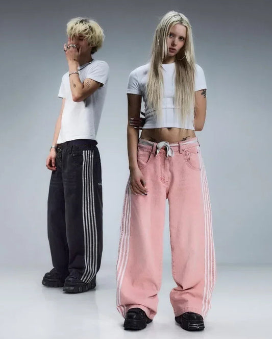 Streetwear Baggy Jeans Unisex Y2K Striped Embroidered Wide Leg Casual Pants – Retro Harajuku Loose Fit - Premium pants from dsers - Just $94.99! Shop now at Lizard Vigilante