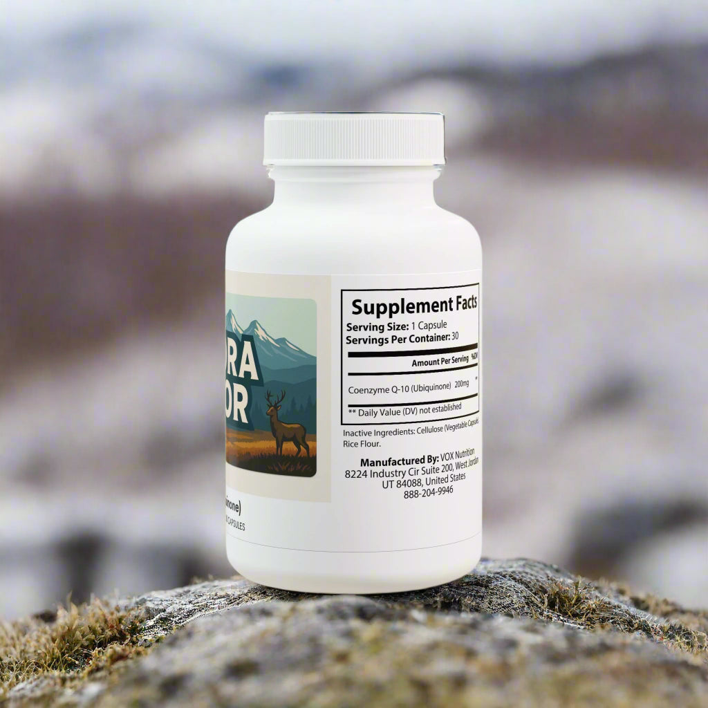 Supplement bottle with label featuring a mountain and deer design on a white background