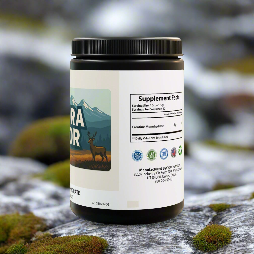 Supplement container with label featuring a mountain and deer design on a white background