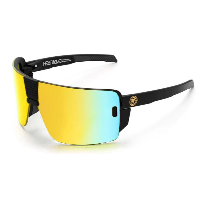 Sunglasses with black frame and yellow to blue gradient lenses on a white background