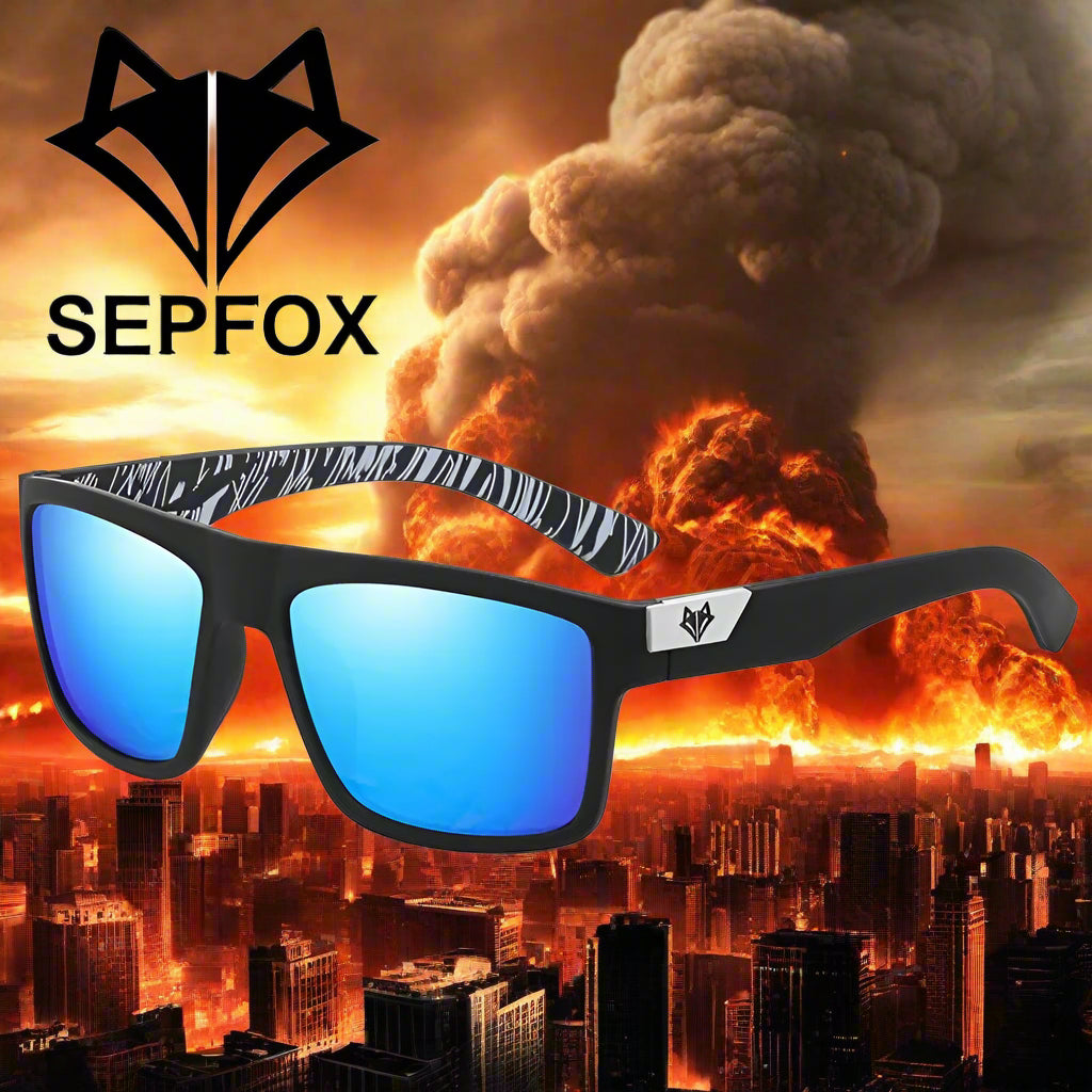 Sunglasses with blue lenses and black frame on a white background, featuring the SEPFOX brand logo.