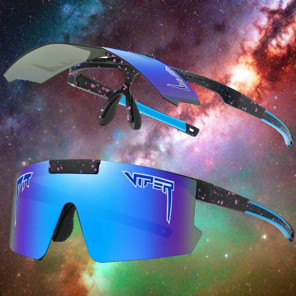 Sunglasses with blue reflective lenses and black speckled frames on a white background