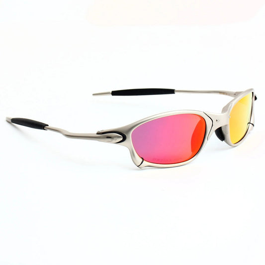 Sunglasses with red and yellow lenses on a white background