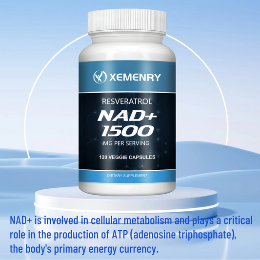 Supplement bottle labeled 'Xemenry NAD+ 1500' on a blue background
