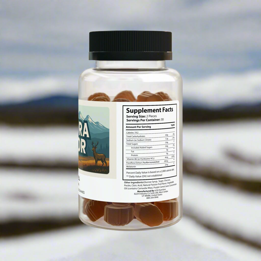 Supplement bottle with gummy bears and label on a white background