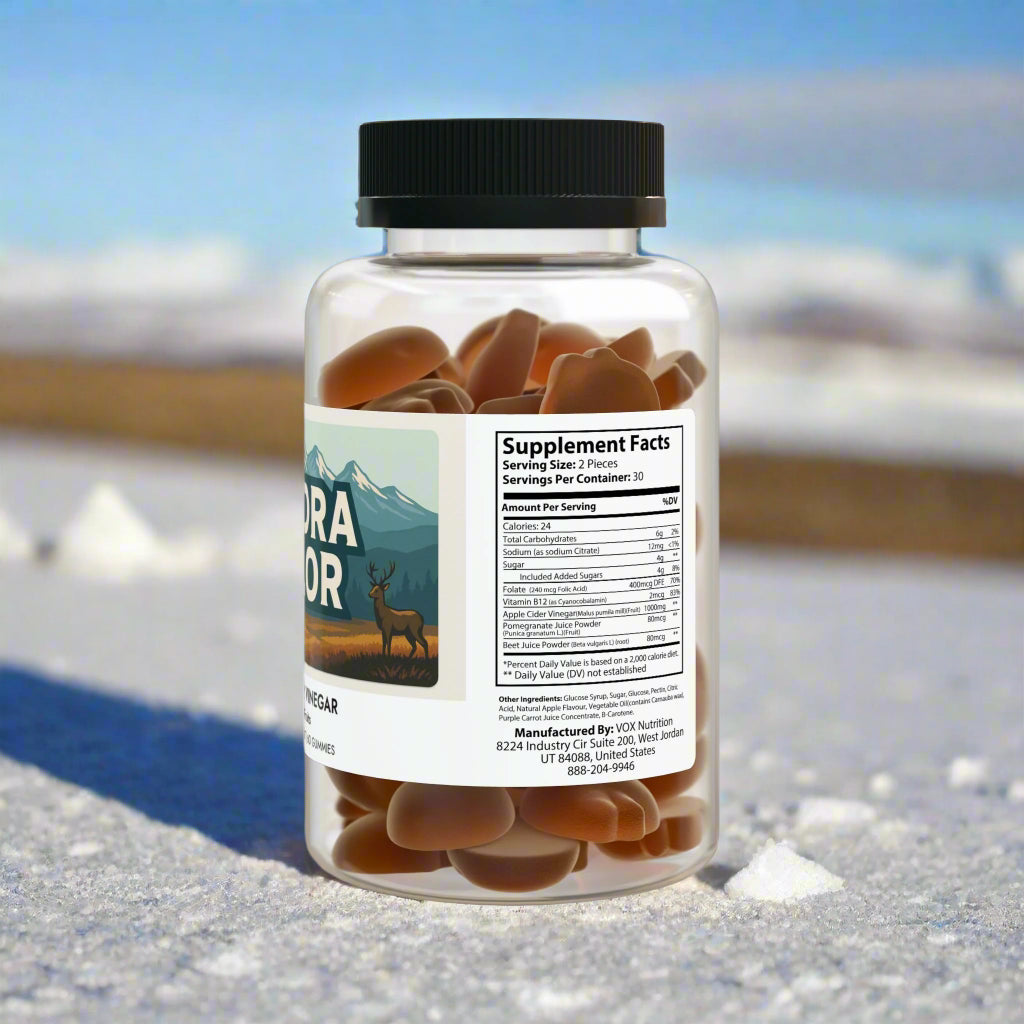 Supplement bottle with gummy bears and label on a white background