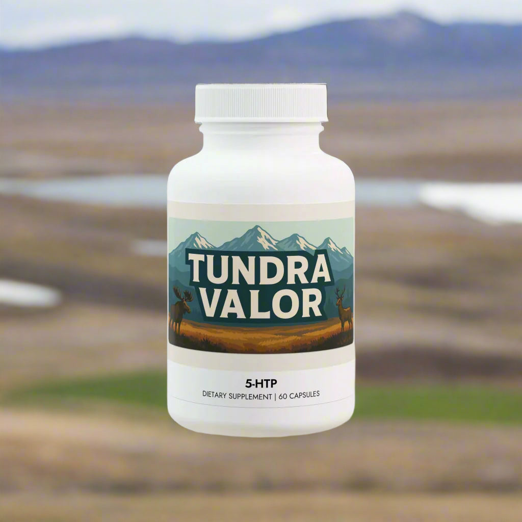 Supplement bottle with label featuring a mountain and moose design on a white background
