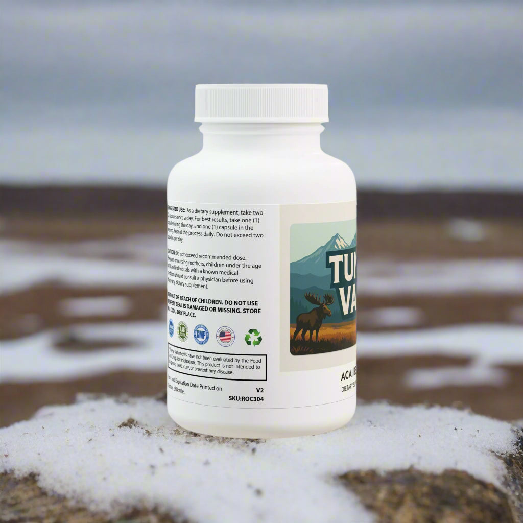 Supplement bottle with label featuring a mountain and moose design on a white background