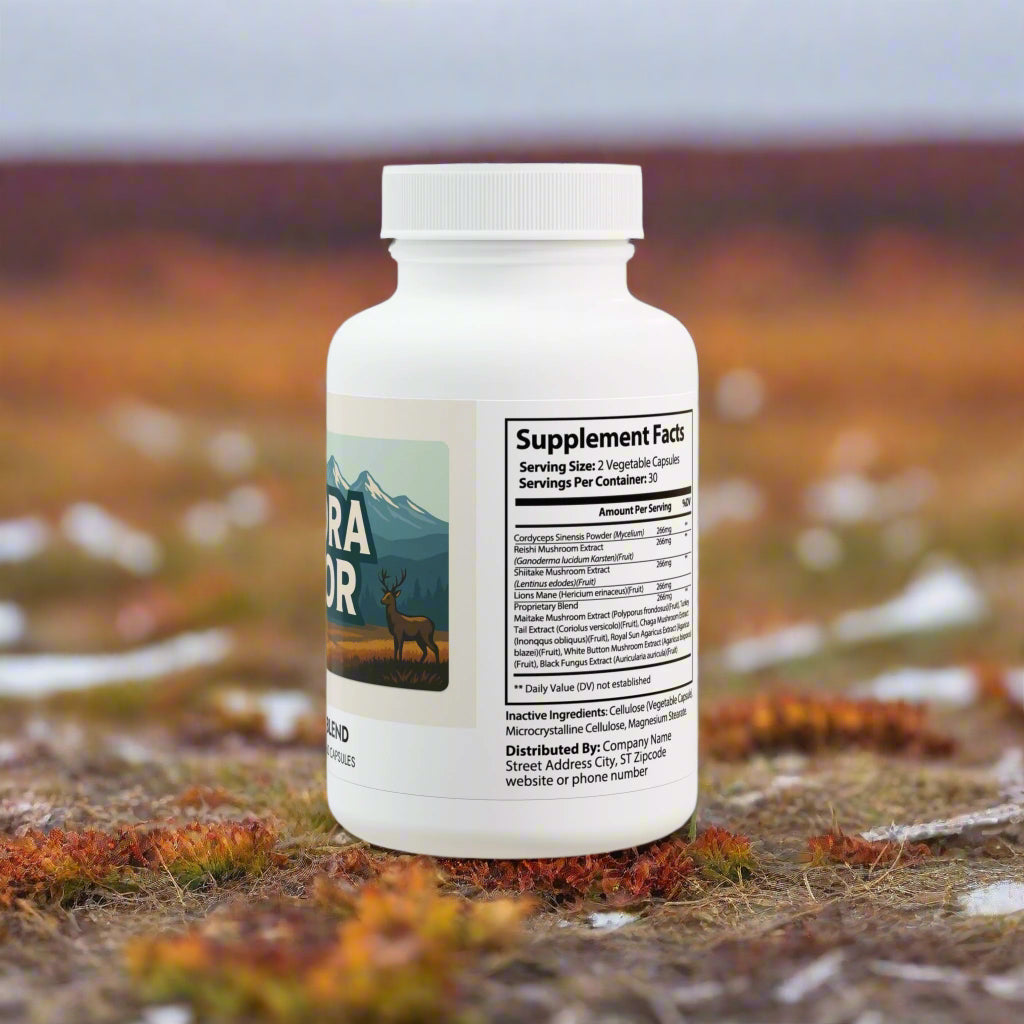 Supplement bottle with label on a white backgroundc