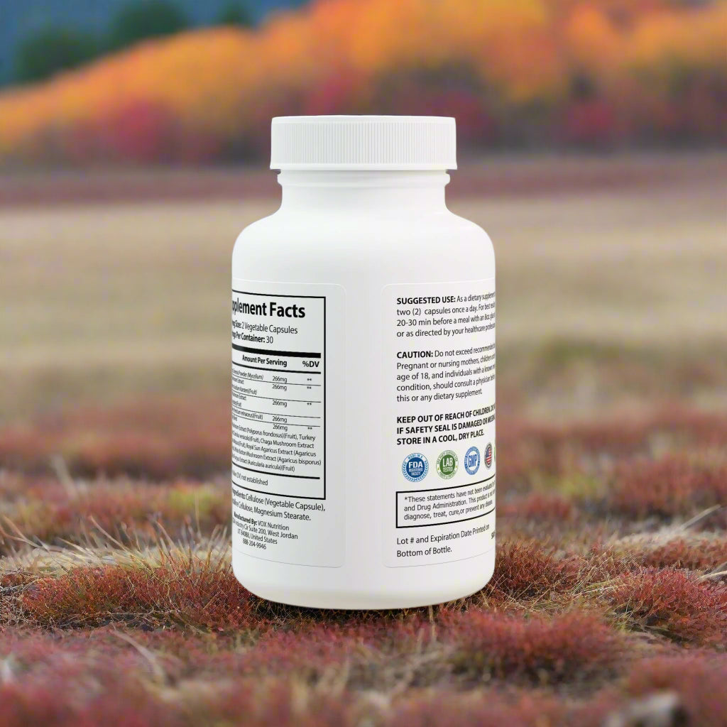 Supplement bottle with label on a white backgroundd