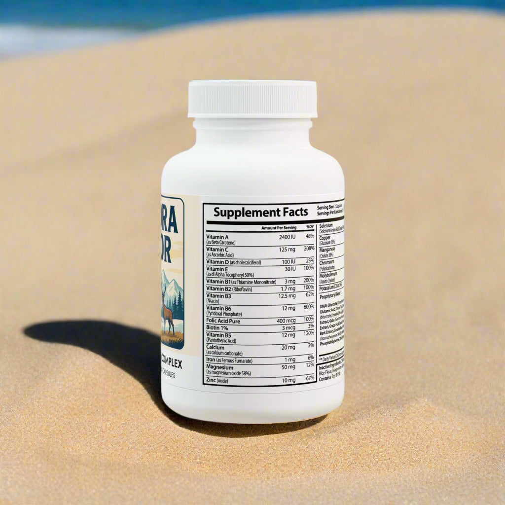 Supplement bottle with label on a white background