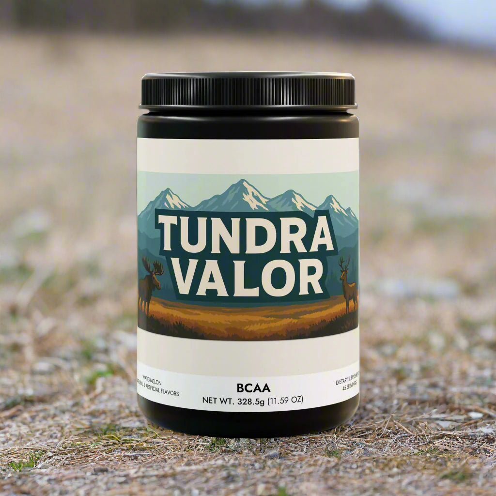 Supplement container with label featuring a moose and mountain design on a white background