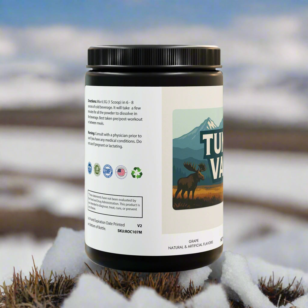 Supplement container with label featuring a moose and mountain design on a white background

