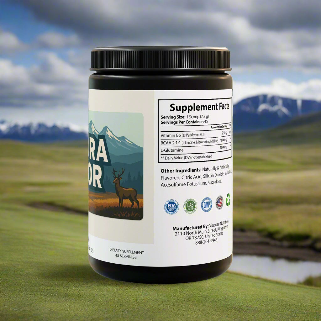 Supplement container with label featuring a mountain and deer design on a white background