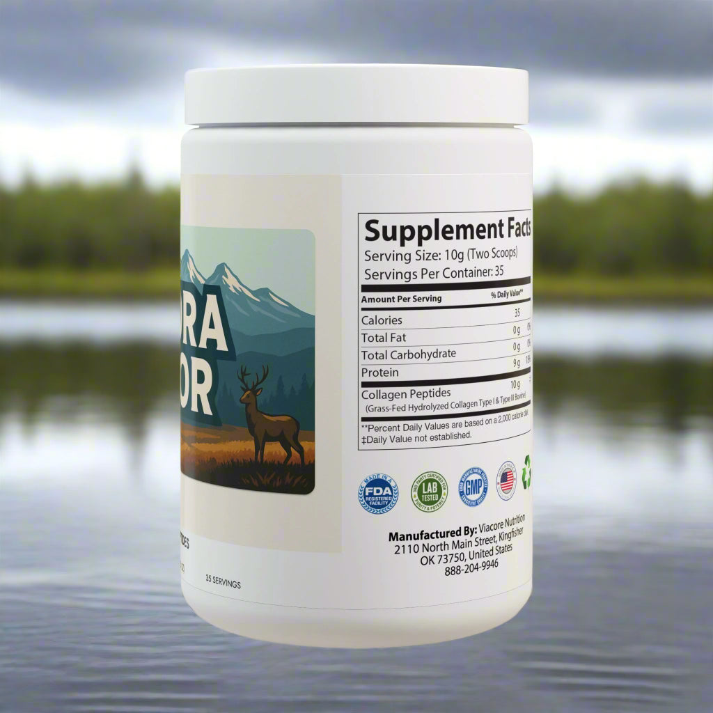 Supplement container with label showing supplement facts and branding on a white background