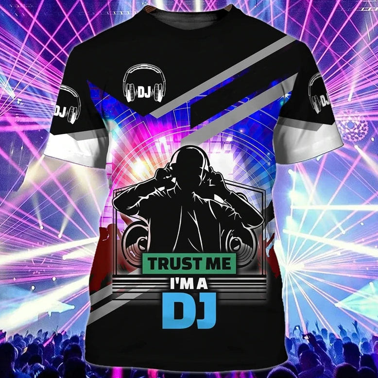 T-shirt with a DJ design and text 'Trust Me I'm a DJ' on a colorful background.