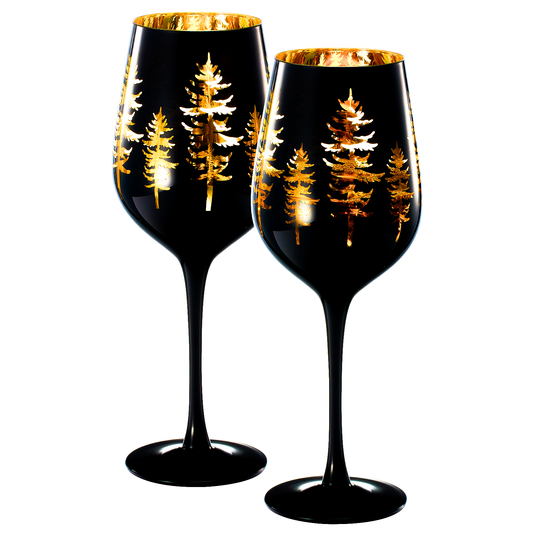 Crystal Winter Trees Black & Gold Stemmed Wine Glasses - Set of 2 - Glass Colored Vibrant Black & Gold Etched Forest Tree Frosted Glass, Perfect for Parties Gifts For Him Her (14 OZ)